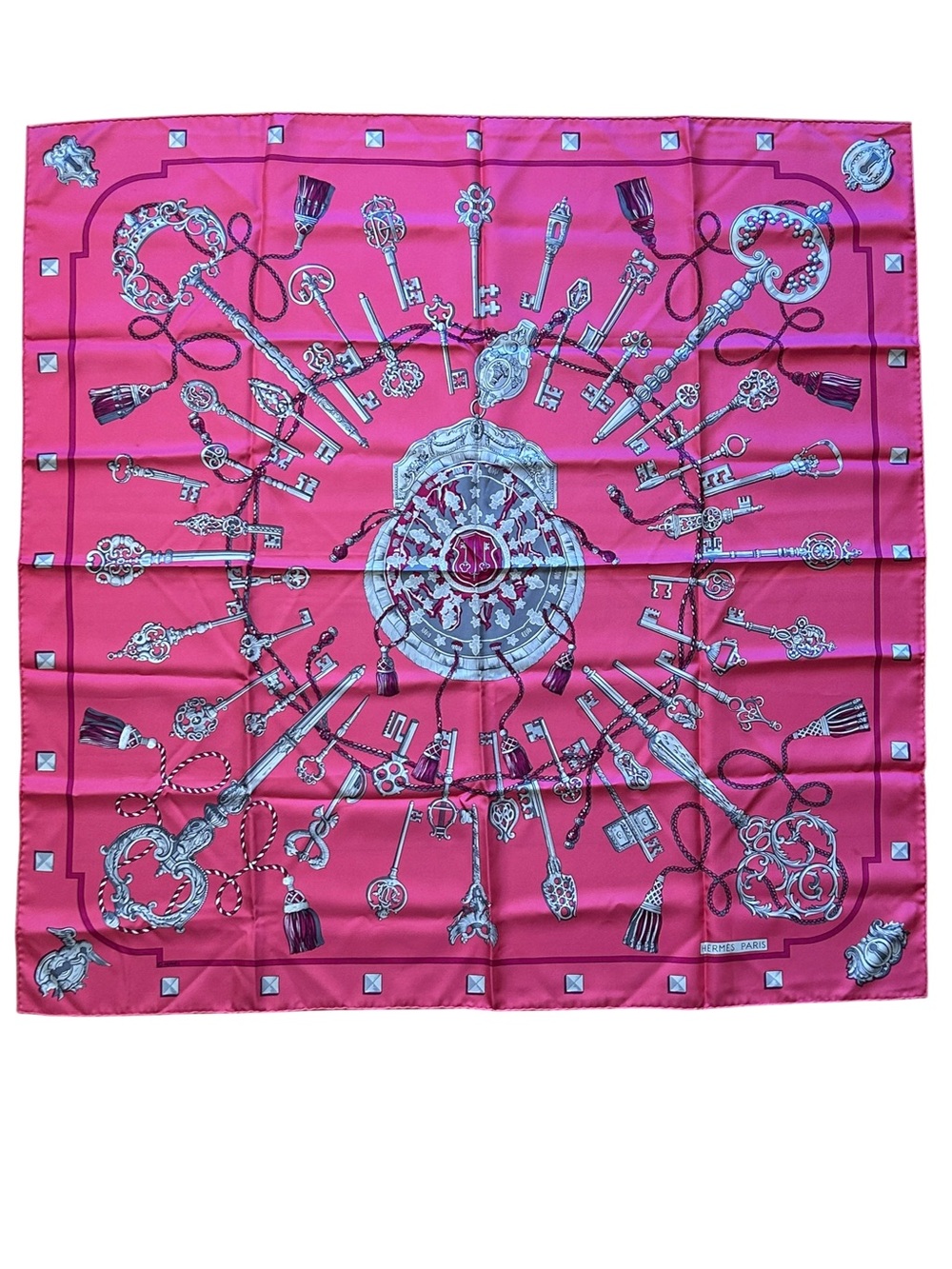 Hermès Les Clés Keys Rare Silk Scarf 90cm Caty Latham Pink Red Vintage France